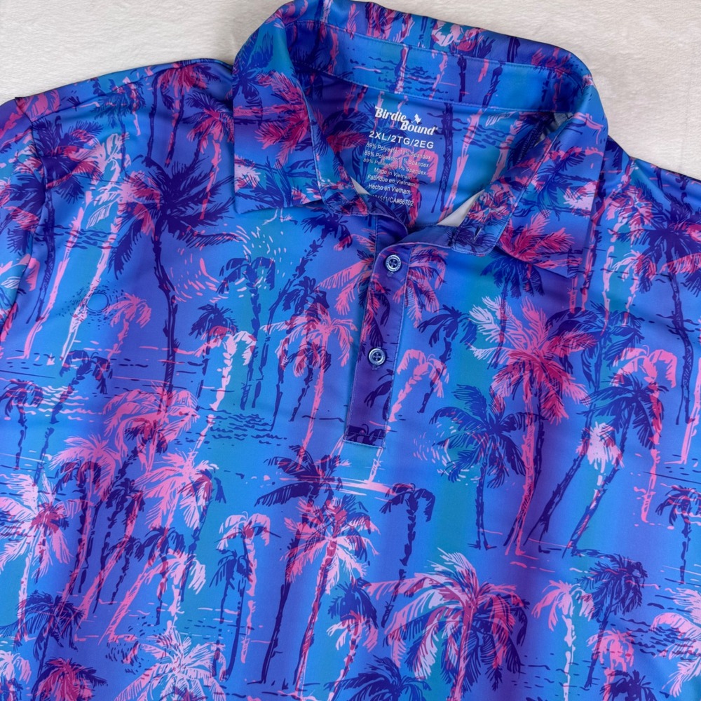 Birdie Bound Palm Tree Print Golf Polo Shirt Mens 2XL Blue Pink Short Sleeve